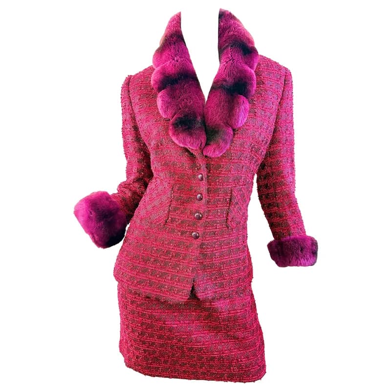 Escada — 1990s 90s Escada Size 10 Red Tweed Skirt Suit — Designer Shoe — resale