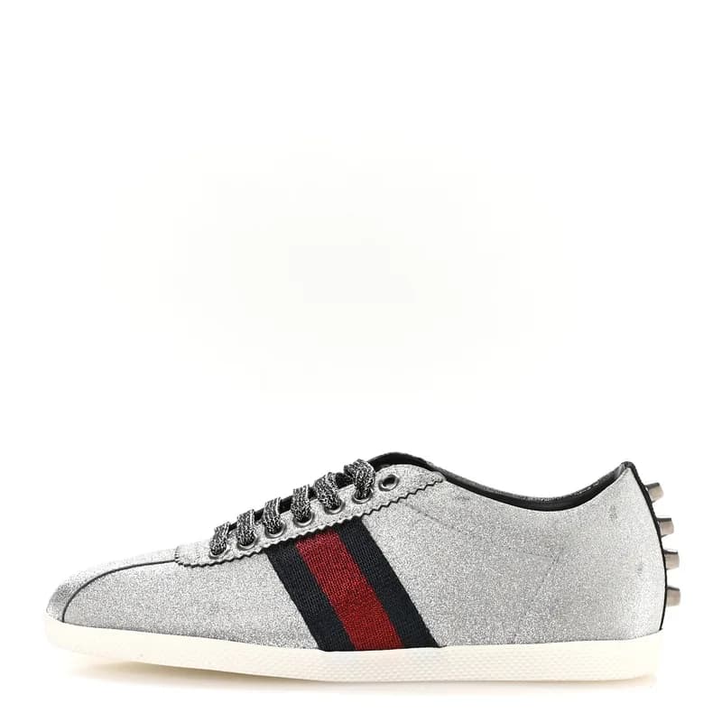 Gucci — Glitter Fabric Studded Web Womens Sneakers 37 Silver — Designer Shoe — resale