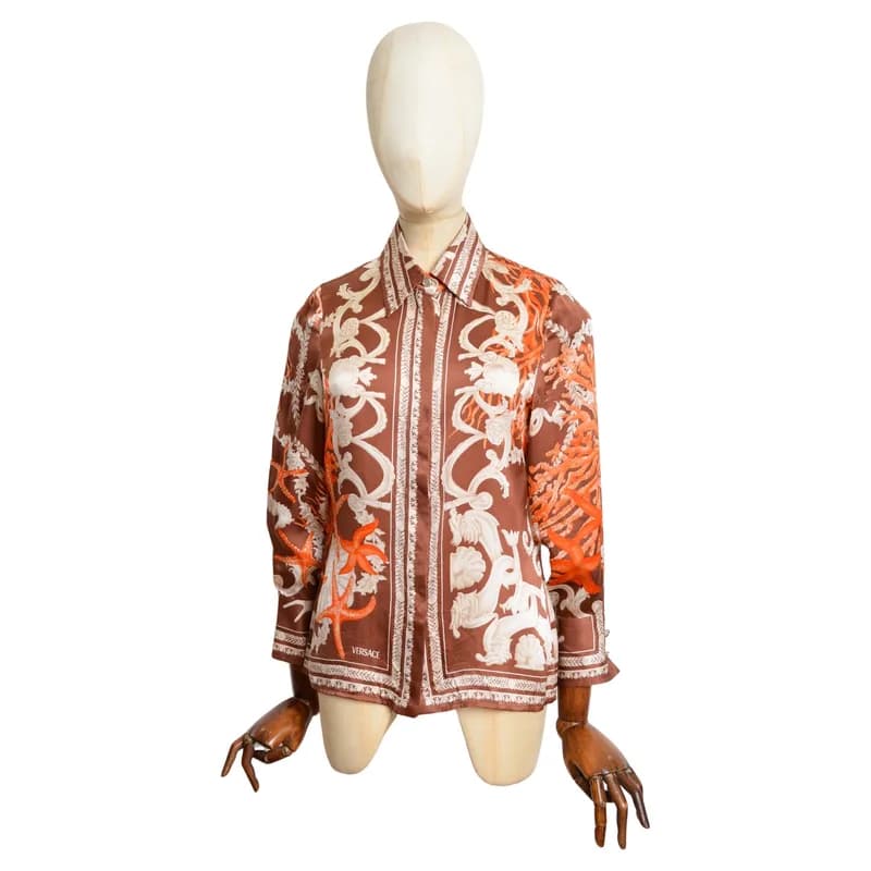 Versace — S/S 2005 Donatella Versace Brown Silk Sea Shell Rococo Baroque Print Shirt — Designer Shoe — resale