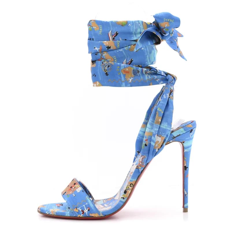 Christian Louboutin — Crepe Satin Greekaba Du Desert 100 Sandal 39 Blue Multicolor — Designer Shoe — resale