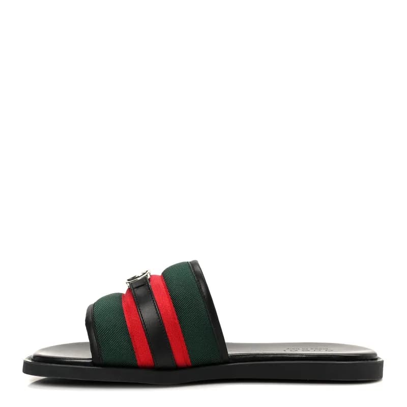 Gucci — Nylon Calfskin Web Interlocking G Mens Maverik Slide Sandals 41 Black Green Red — Designer Shoe — resale