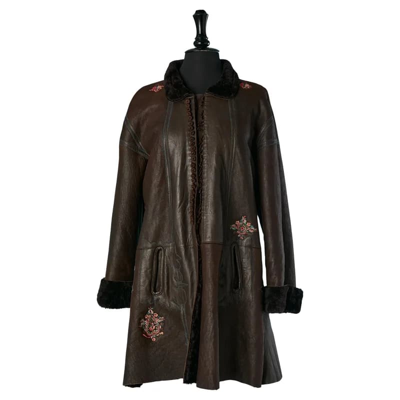 Kenzo — Brown Leather Coat with Embroideries — Designer Shoe — resale