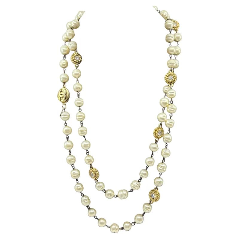 Chanel — Chanel Vintage Pearl, Crystal and Gold CC Station Necklace — Jewelry — resale