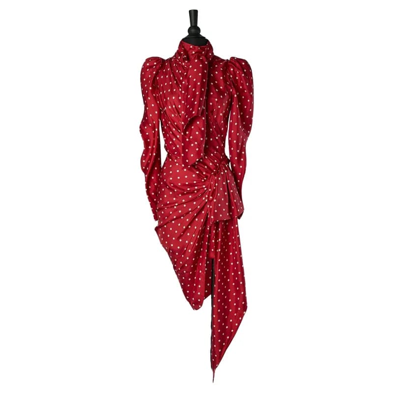 Alexandre Vauthier — Red Silk Polka Dots Draped Cocktail Dress with Bow Tie — Designer Shoe — resale