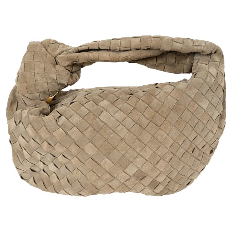 Bottega Veneta — Bottega Veneta Taupe Suede Jodie Teen Intrecciato Hobo Bag — Designer Shoe — resale