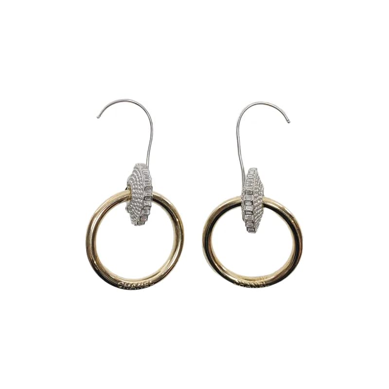 Chanel — Chanel Light Gold Paris-Rome Strass Hoop Drop Clip On Earrings — Jewelry — resale