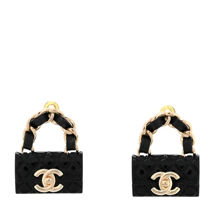 Chanel — Metal Resin Lambskin Quilted CC Turnlock Chain Flap Bag Earrings Black Gold — Jewelry — resale