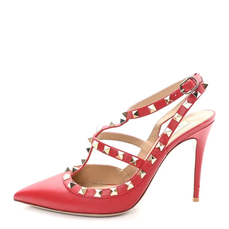 Valentino Garavani — Calfskin Rockstud Ankle Strap 100mm Pumps 38.5 Rosso Valentino — Designer Shoe — resale
