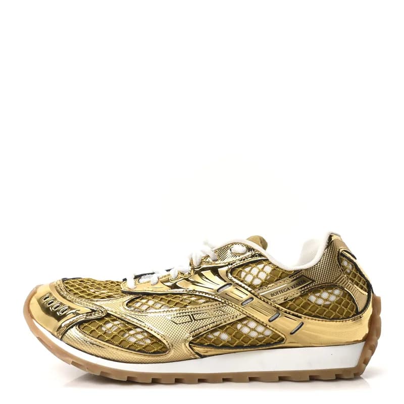 Bottega Veneta — Calfskin Fishnet Fabric Orbit Sneakers 41 Gold White — Designer Shoe — resale