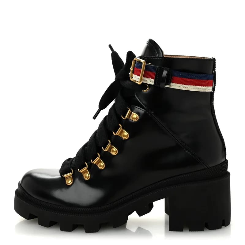 Gucci — Calfskin Sylvie Web Womens Lace Up Combat Boots 37.5 Black — Designer Shoe — resale