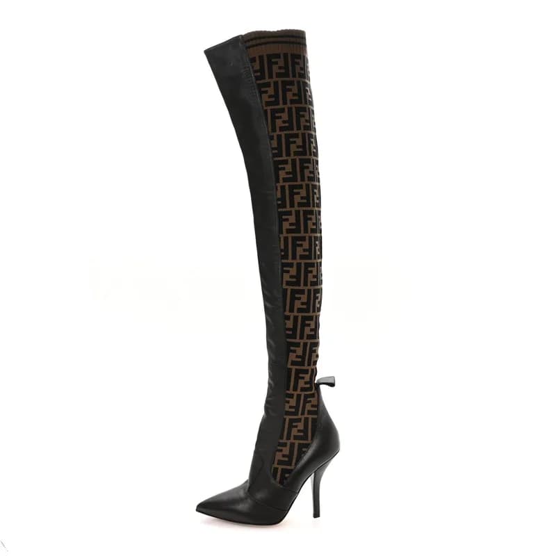 Fendi — Nappa Microfiber Fabric FF Rockoko Thigh High Boots 38 Ebano Tobacco Black — Designer Shoe — resale