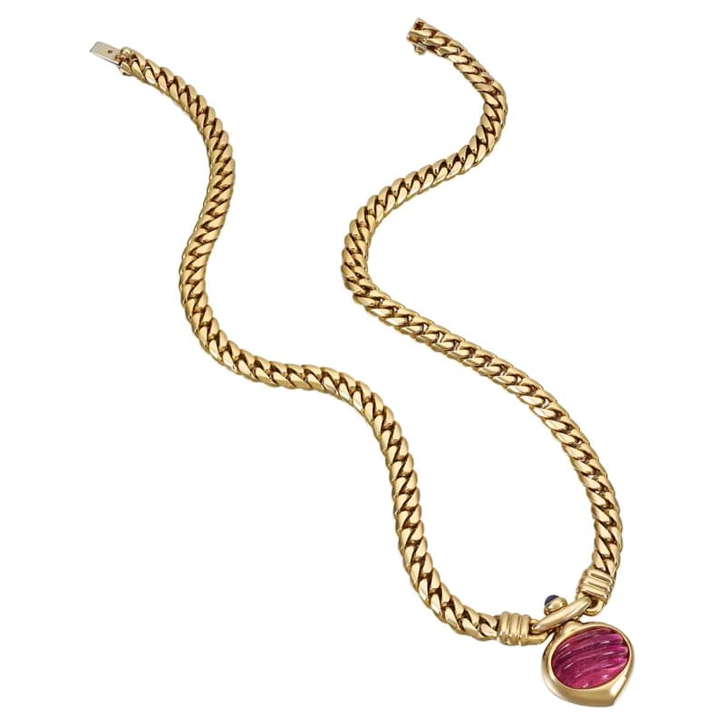 Bulgari — Bulgari Vintage Large Pink Tourmaline and Sapphire 18K Gold Curb Link Necklace — Jewelry — resale