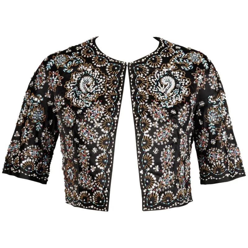 Alaïa — 1960s Vintage Black Silk Satin Sequin Beaded Bolero Jacket — Designer Shoe — resale