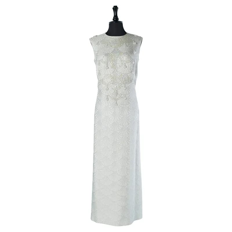 Lea Stutz — Silver Damask Sleeveless Evening Dress with Sequin and Beadwork by Lea Stutz — Designer Shoe — resale