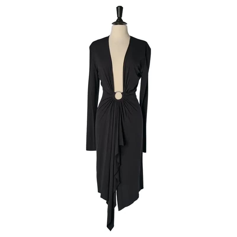 Alexandre Vauthier — Navy Blue Jersey Cocktail Dress with Deep V Neckline — Designer Shoe — resale