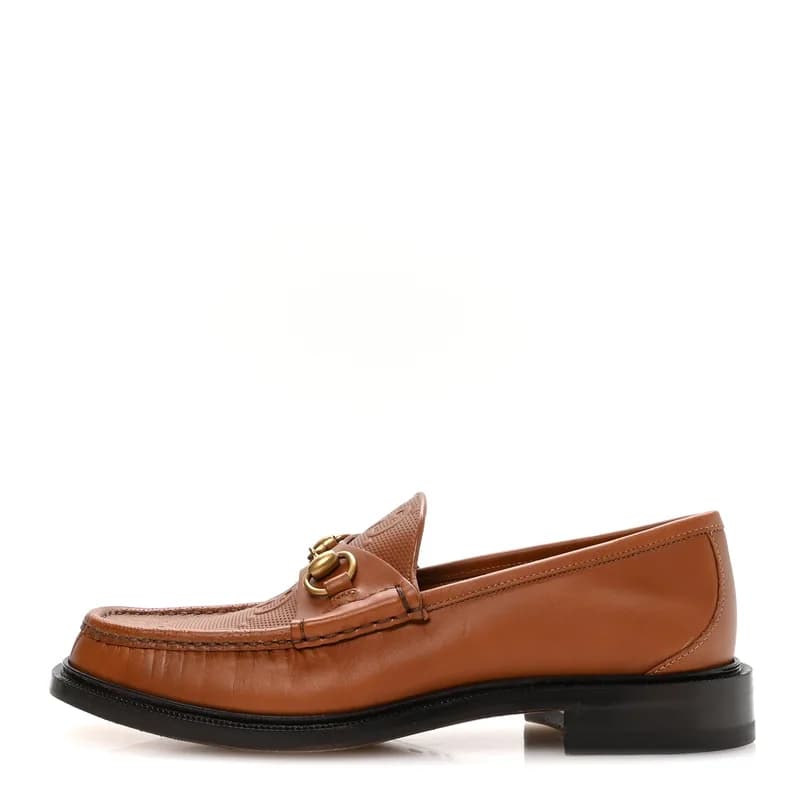 Gucci — Harness Calfskin GG Tennis Embossed Mens Horsebit Loafers 8 Dark Brown — Designer Shoe — resale