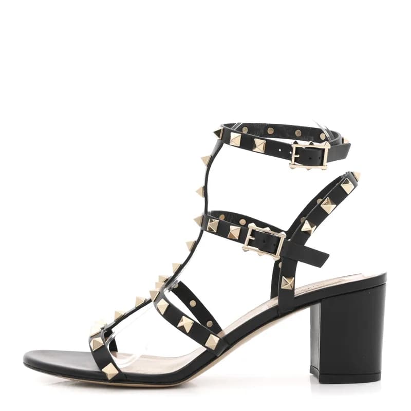 Valentino Garavani — Calfskin Rockstud 60mm City Sandals 39 Black — Designer Shoe — resale