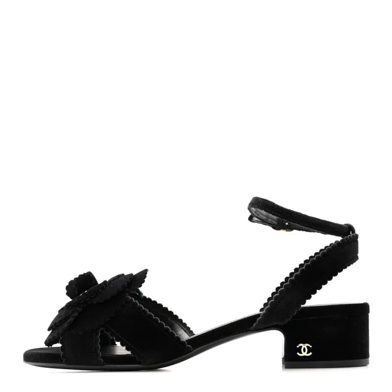 Chanel — Velvet Pearl Camellia Sandals 37.5 Black — Designer Shoe — resale