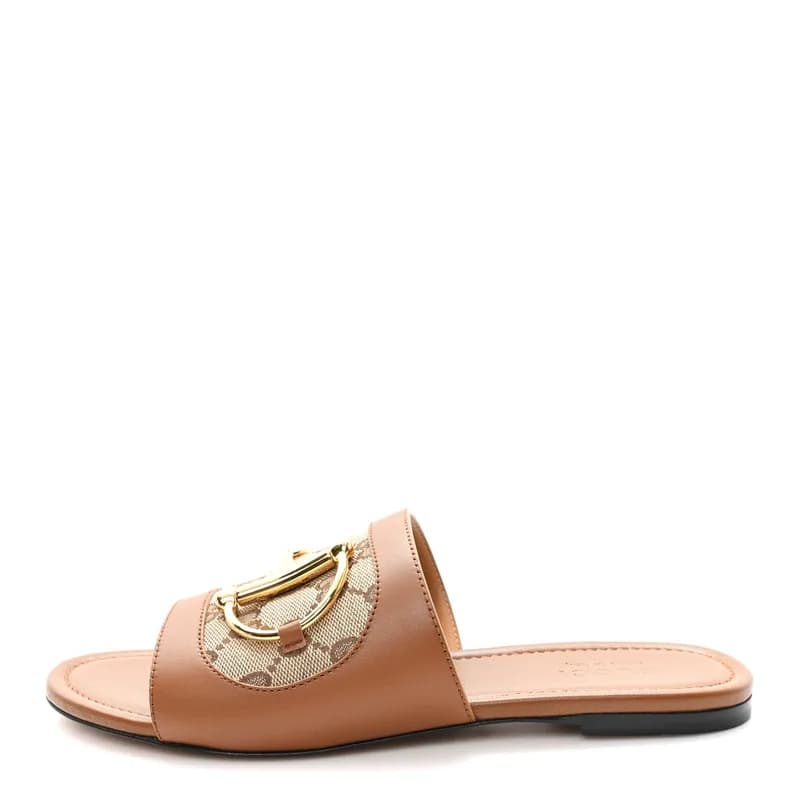 Gucci — Calfskin Monogram Horsebit Womens Slide Sandals 39 Beige Ebony Sundial — Designer Shoe — resale