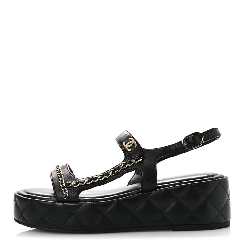 Chanel — Lambskin Quilted Chain CC Platform Sandals 38 Black — Designer Shoe — resale