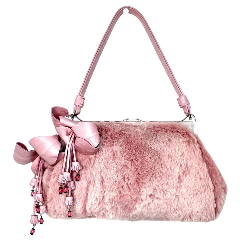 Anthony Luciano — Anthony Luciano Pink Faux Fur Shoulder Bag with Leather Flower Accents, Circa Y2K — Handbag — resale