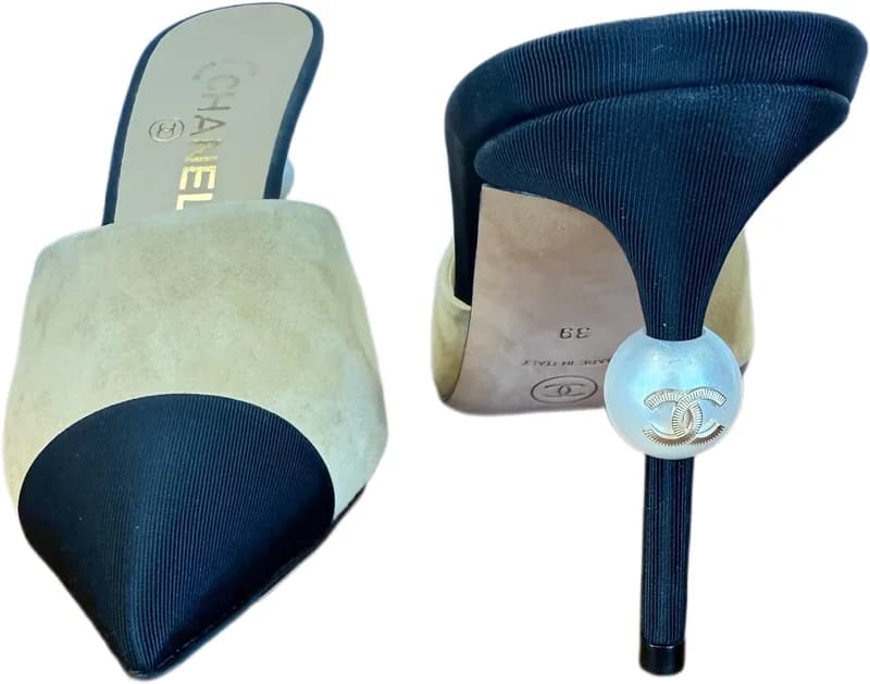 Chanel — Chanel Pre-Fall 2016 Beige Black Suede Grosgrain Pearl Heel Mules Size 38.5/39 — Designer Shoe — resale