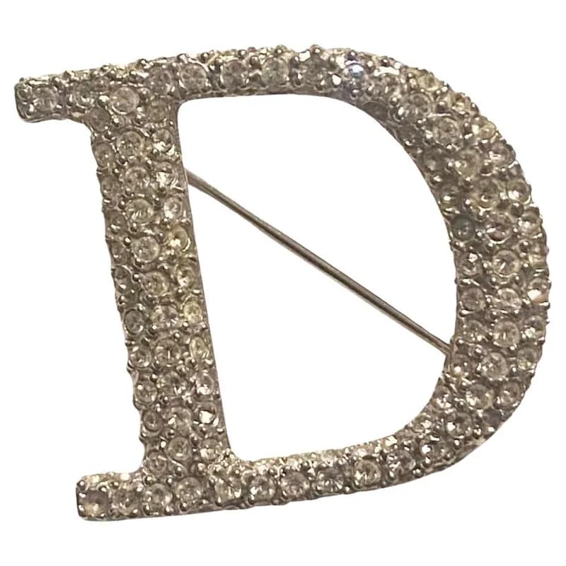 Christian Dior — 1985 Christian Dior Rhodium Plated Crystal D Brooch — Jewelry — resale