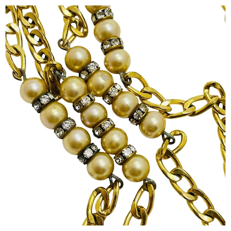Christian Dior — Vintage Christian Dior Gold Plated Chain Crystals Faux Pearl Runway Necklace — Jewelry — resale