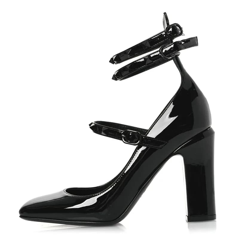 Valentino Garavani — Patent Monochrome Rockstud Tan-Go Ankle Strap Pumps 37 Black — Designer Shoe — resale