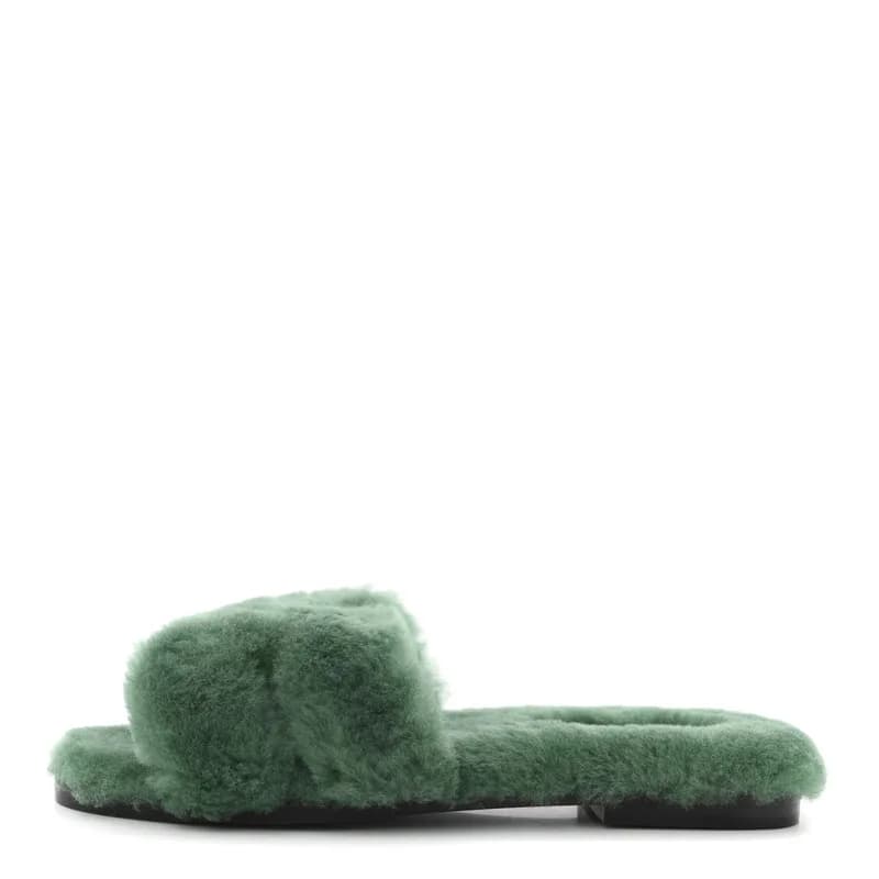 Hermès — Woolskin Oran Sandals 37.5 Vert Anglais — Designer Shoe — resale