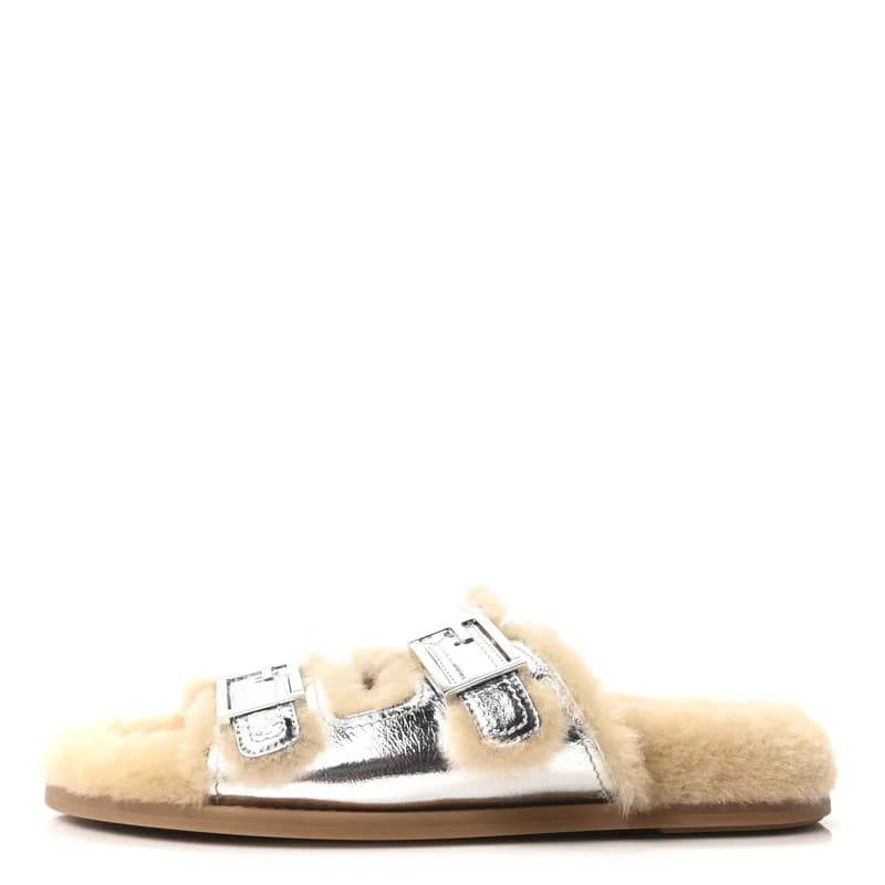 Fendi — Shearling Metallic Vitello Womens FF Fendi Feel Buckled Slide Sandals 40 Argento — Designer Shoe — resale