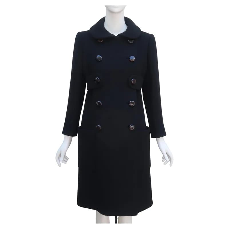 Norman Norell — Norman Norell Black Wool Double Breasted Coat with Waist Detail (Late 1960s) — Designer Shoe — resale