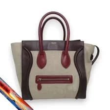 Celine — CELINE Tote Bag Luggage Mini Shopper Beige Brown Bordeaux Canvas Leather — Handbag — resale