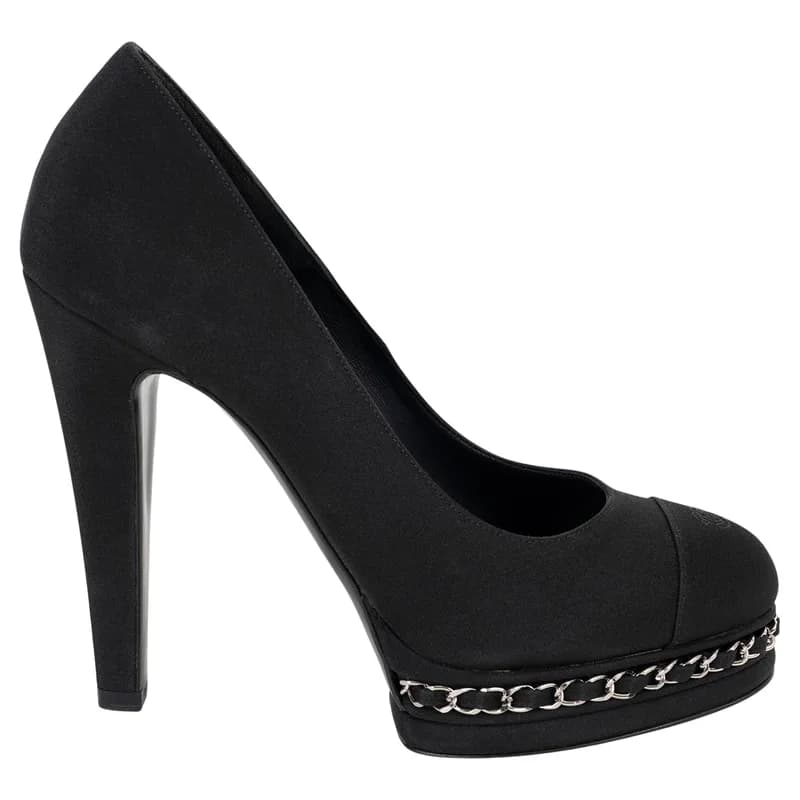 Chanel — Chanel Black Silk 15C Dubai Chain Trim Platform Pumps Shoes 38.5 — Designer Shoe — resale