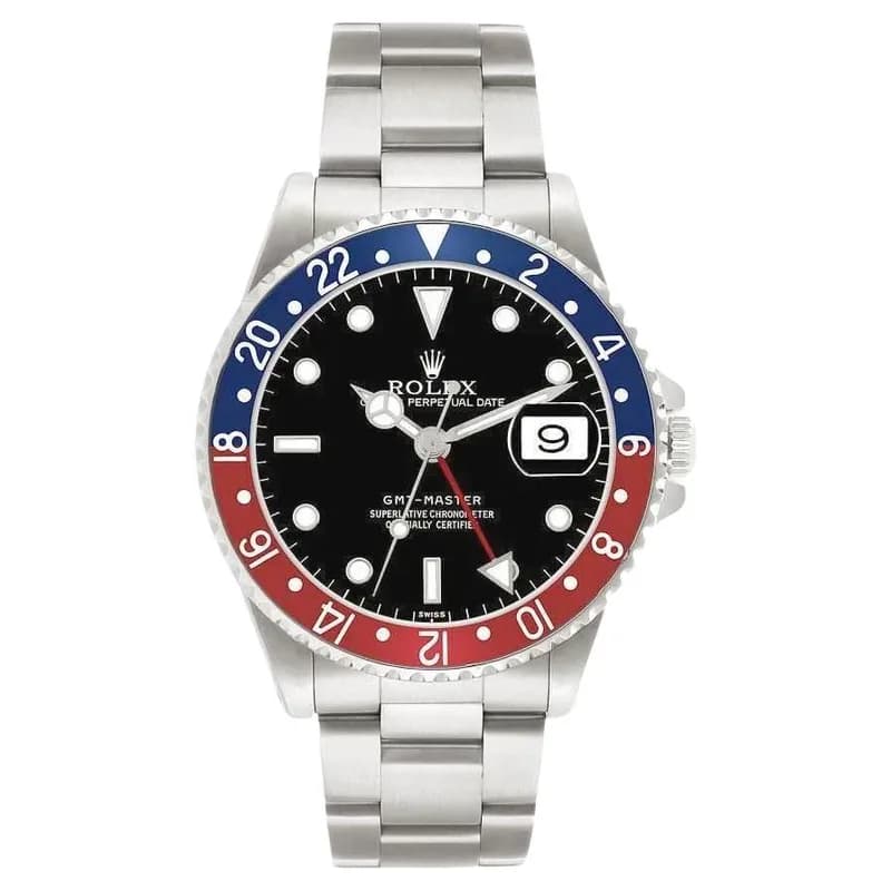 1998 Men's Rolex 40mm GMT Master with Black Dial and Pepsi Bezel, Unworn