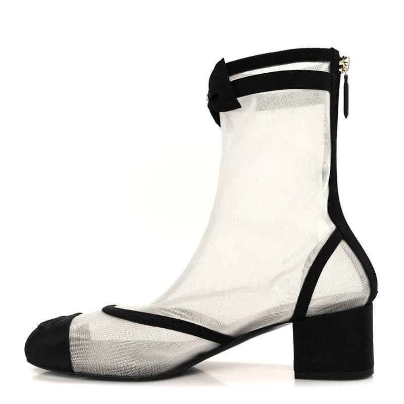 Chanel — Mesh Grosgrain CC Cap Toe Ankle Boots 40 White Black — Designer Shoe — resale