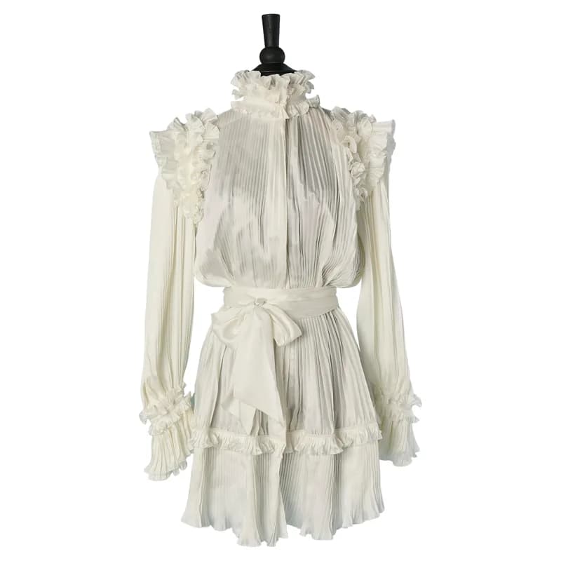 Alexandre Vauthier — Off-White Pleated Cocktail Dress with Ruffles — Designer Shoe — resale