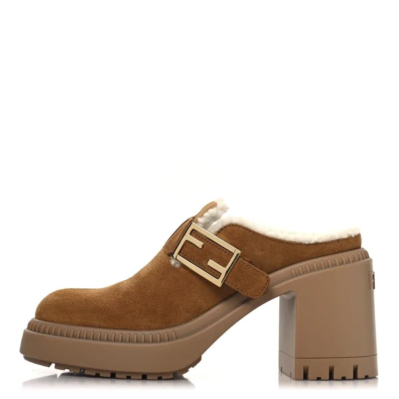 Fendi — Suede Shearling Clogs 36.5 Caramello Latte — Designer Shoe — resale
