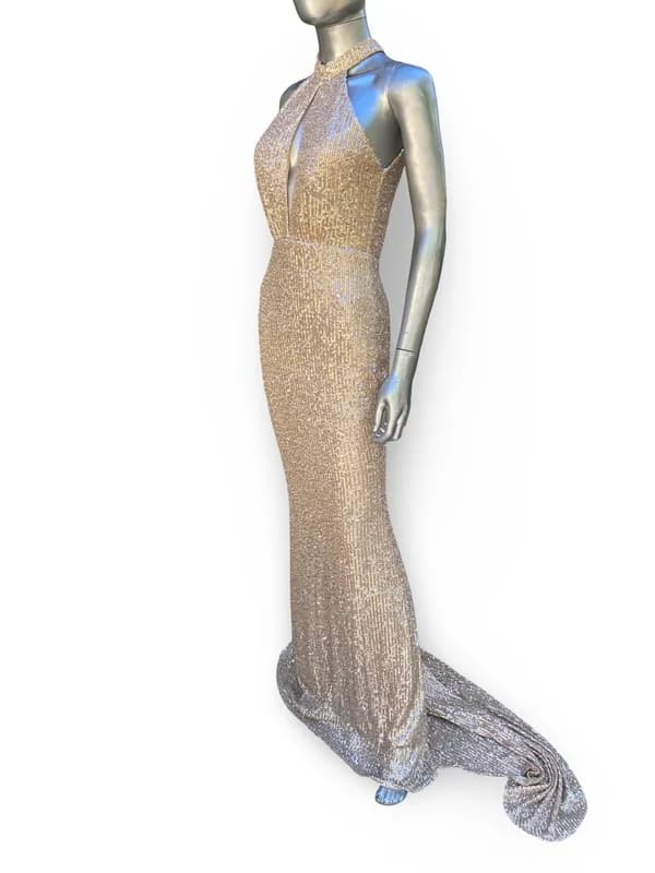 Nicole Bakti — Nicole Bakti Liquid Rose Gold Sequin Halter Evening Dress — Designer Shoe — resale