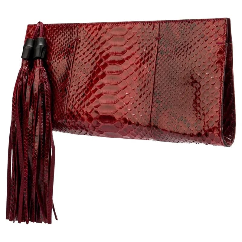 Gucci — New Gucci Nouveau Python Fringe Bamboo Runway Clutch Bag in Red — Handbag — resale