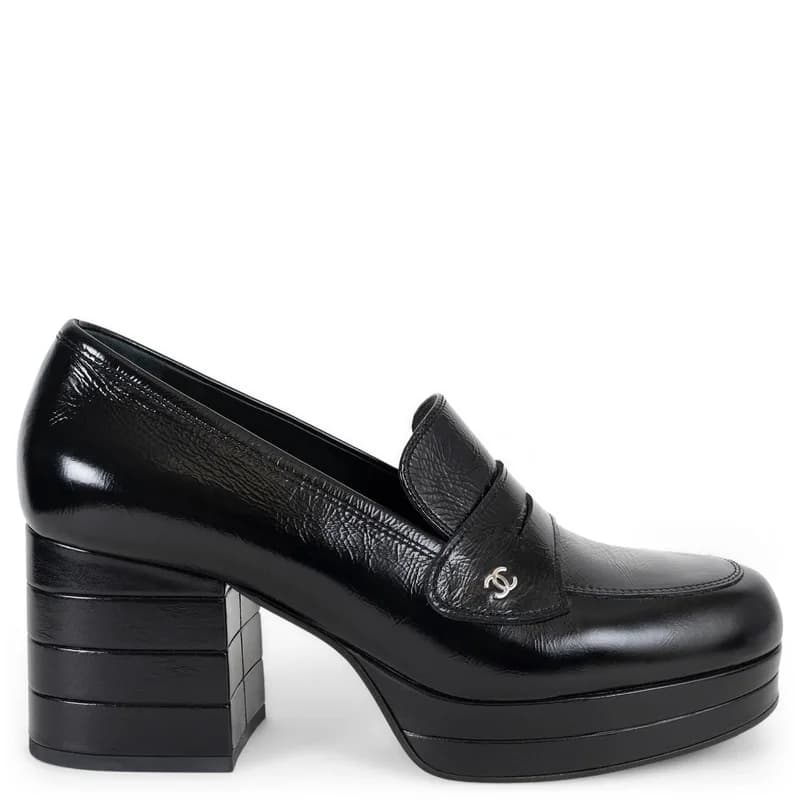 Chanel Black Leather 24K Platform Loafer Style Pumps, Shoes 39