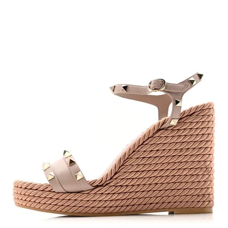 Valentino Garavani — Silk Calfskin Rockstud Torchon Espadrille Wedge Sandals 38.5 Poudre — Designer Shoe — resale