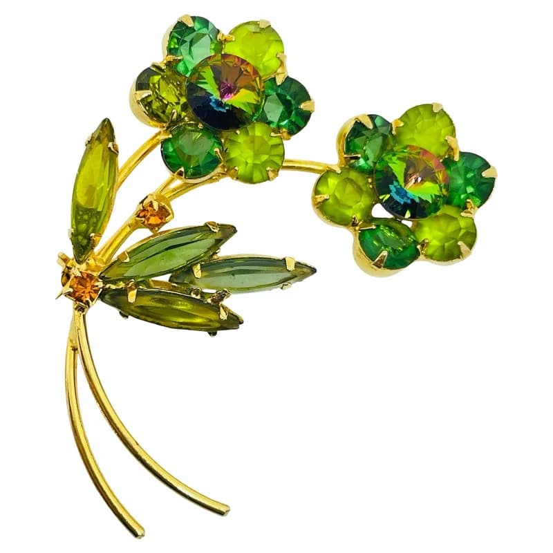Vintage Gold Tone Emerald Citrine Green Watermelon Glass Flower Designer Brooch — Jewelry — resale
