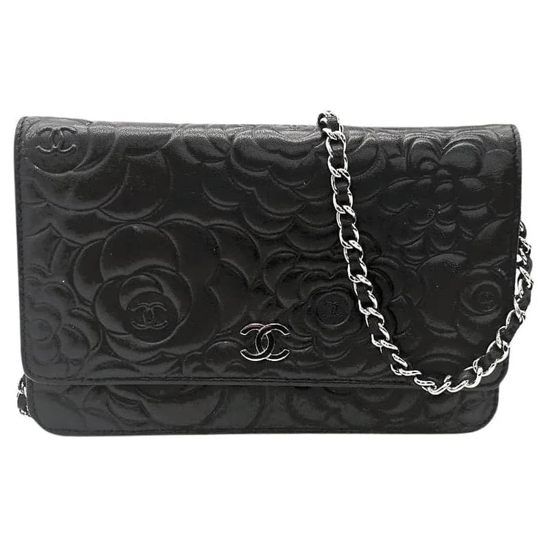 Chanel — Chanel Vintage Black Lambskin Camellia Embossed Wallet on Chain WOC — Designer Shoe — resale
