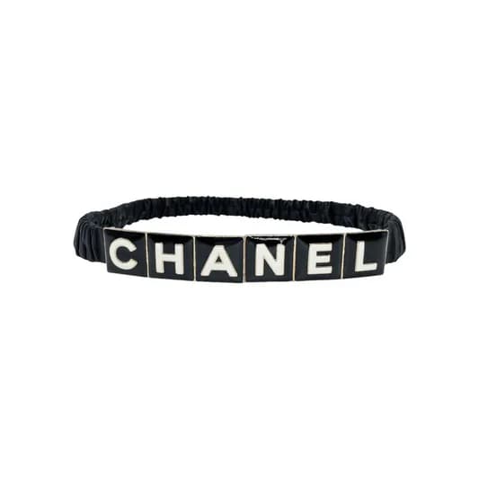 Chanel — Chanel Black Logo Enamel Stretch Leather Belt — Accessory — resale