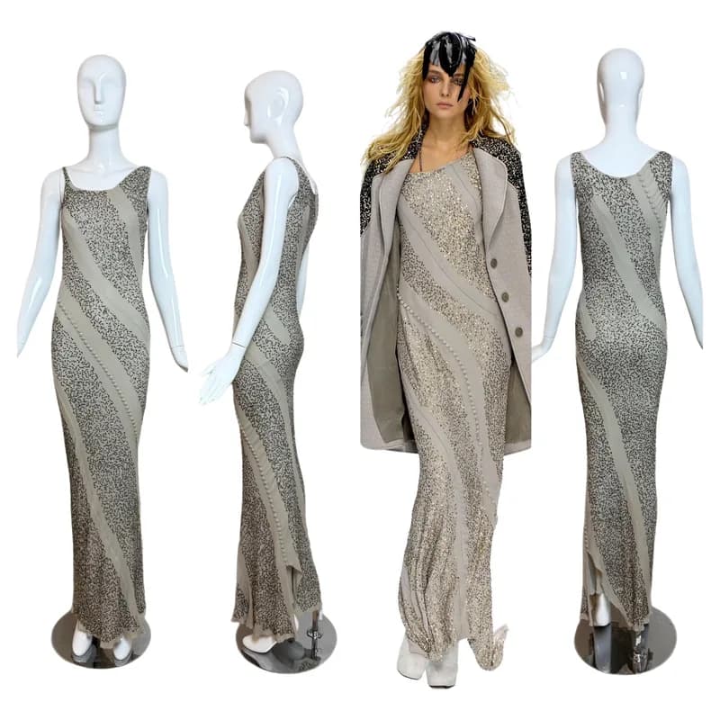 Nina Ricci — Nina Ricci 2008 Vintage Runway Embellished Bias Cut Grey Evening Gown — Designer Shoe — resale
