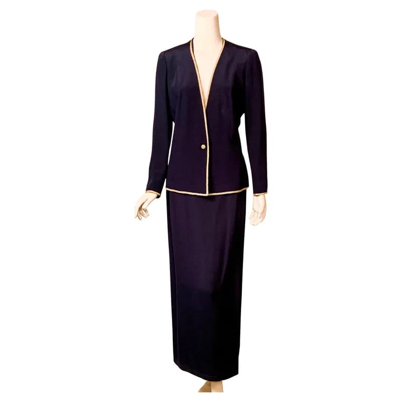 Calvin Klein — Calvin Klein 1990s Navy Blue Silk Evening Suit with Metallic Gold Trim — Designer Shoe — resale