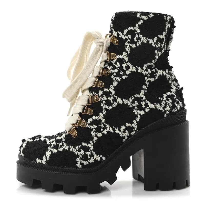 Gucci — Tweed GG Monogram Lace Up Combat Ankle Boots 36.5 Black — Designer Shoe — resale