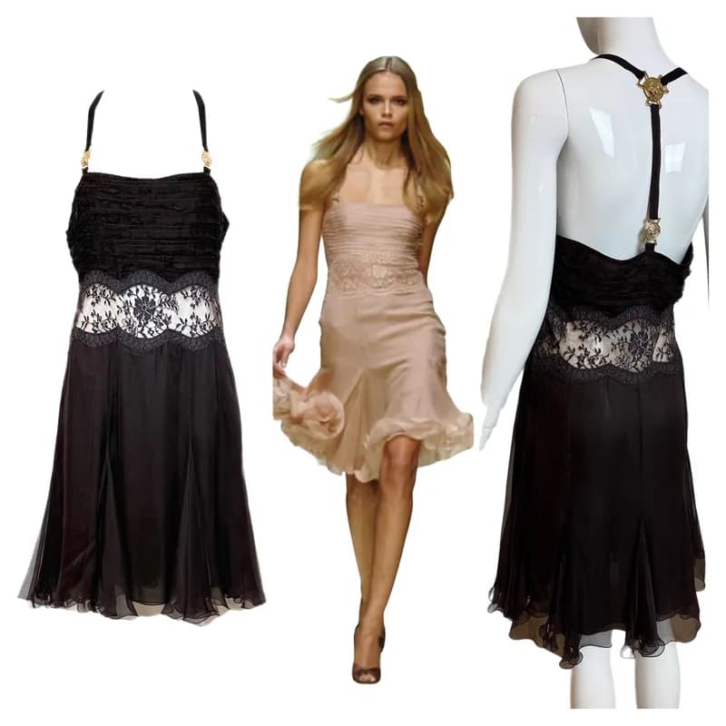 Versace — Versace 2005 Vintage Runway Espresso Brown Silk Dress Gold Medusa — Designer Shoe — resale