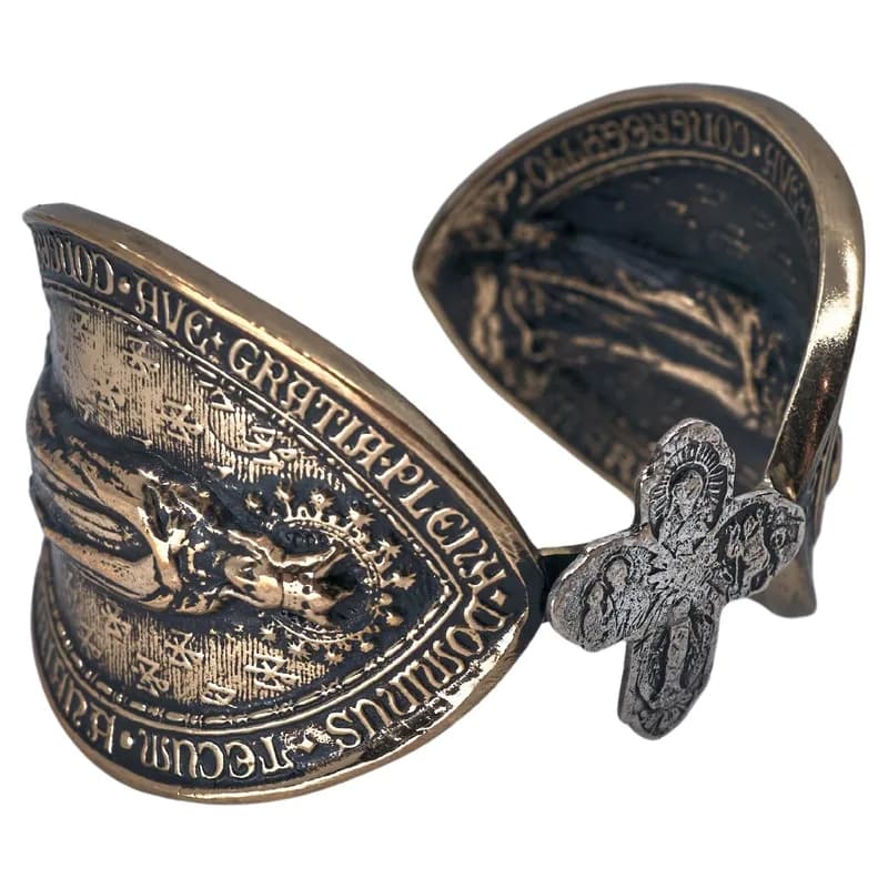 Virgin Mary Cuff Bracelet Catholic Devotional Medals Cross Bronze Silver — Jewelry — resale
